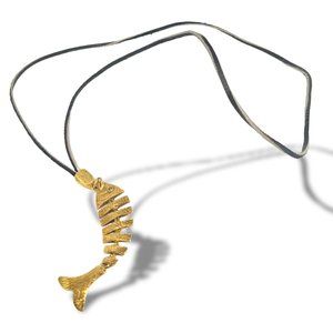 Fish Bone Gold Tone Pendant on Leather Cord